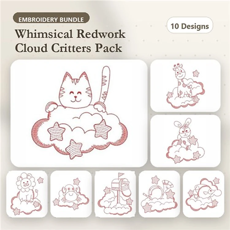 Redwork Whimsical Cloud Critters Embroidery Designs Bundle – Cat, Giraffe, Bunny, Bear & More (10 Designs)