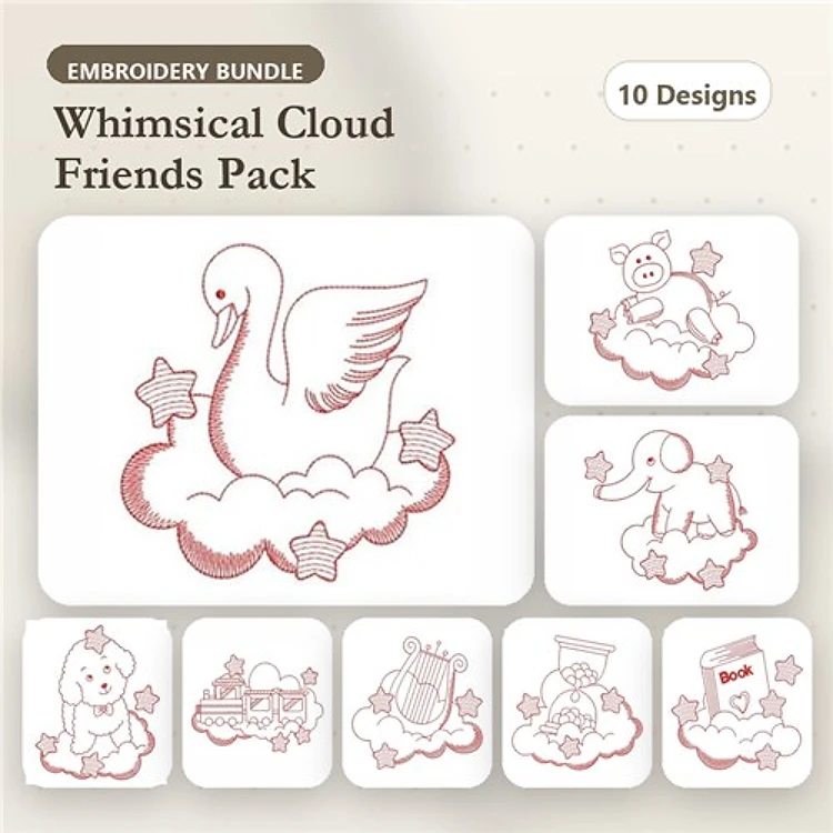 Swan & Teddy Bear Embroidery Bundle – Whimsical Cloud Friends (10 Designs)