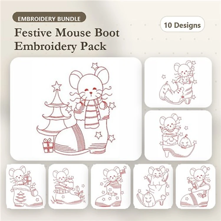 Redwork Festive Mouse Embroidery Designs Bundle – Mouse with Christmas Tree, Mouse with Gift, & More (10 Designs)