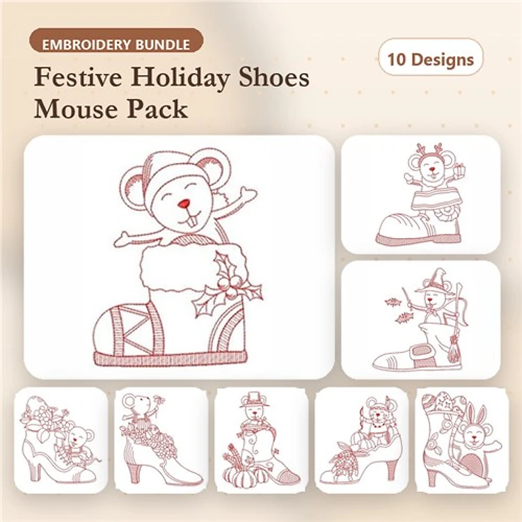 Redwork Festive Holiday Shoe Embroidery Bundle – Mouse in Holiday Boot, Santa Shoe, Gingerbread Shoe & More (10 Designs)