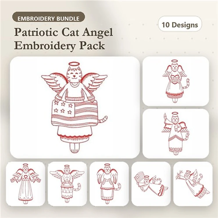 Redwork Patriotic Cat Angels Embroidery Bundle – Cat Angel with Stars, Cat Angel with Flag, Angel Cat Holding Flag & More (10 Designs)