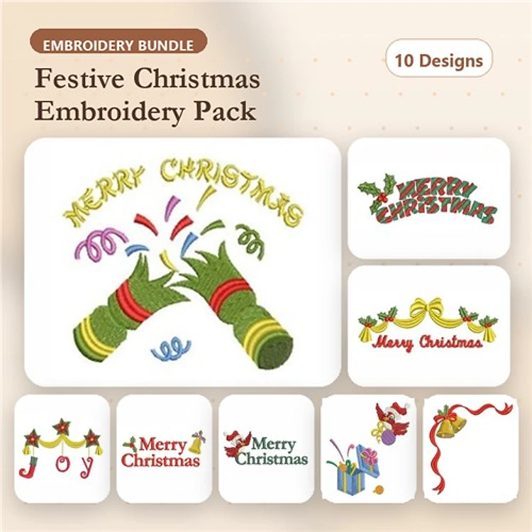 Festive Christmas Embroidery Designs Bundle – Merry Christmas Crackers, Joy Text, Christmas Ribbon & More (10 Designs)