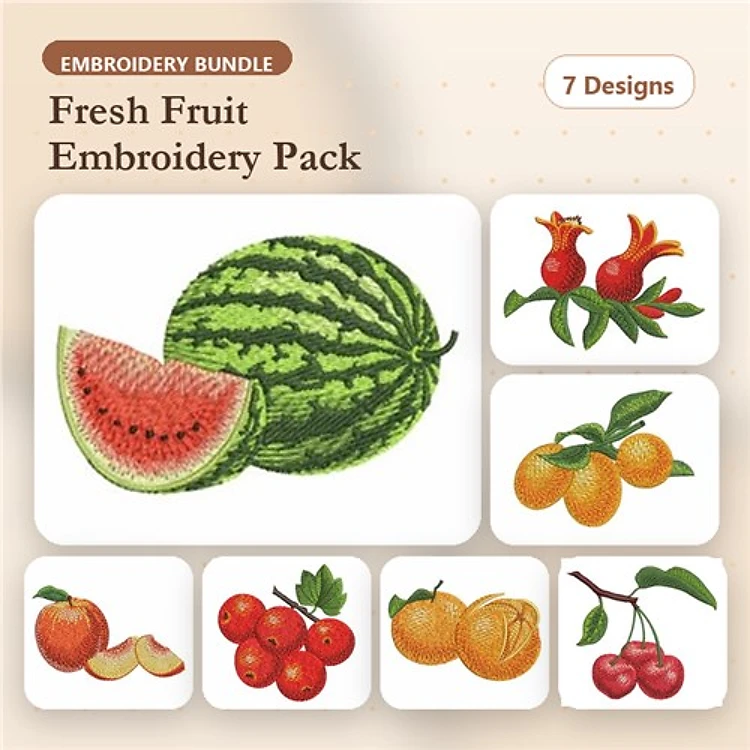 Fresh Fruit Embroidery Bundle – Watermelon, Pomegranate, Mandarin Orange & More (7 Designs)