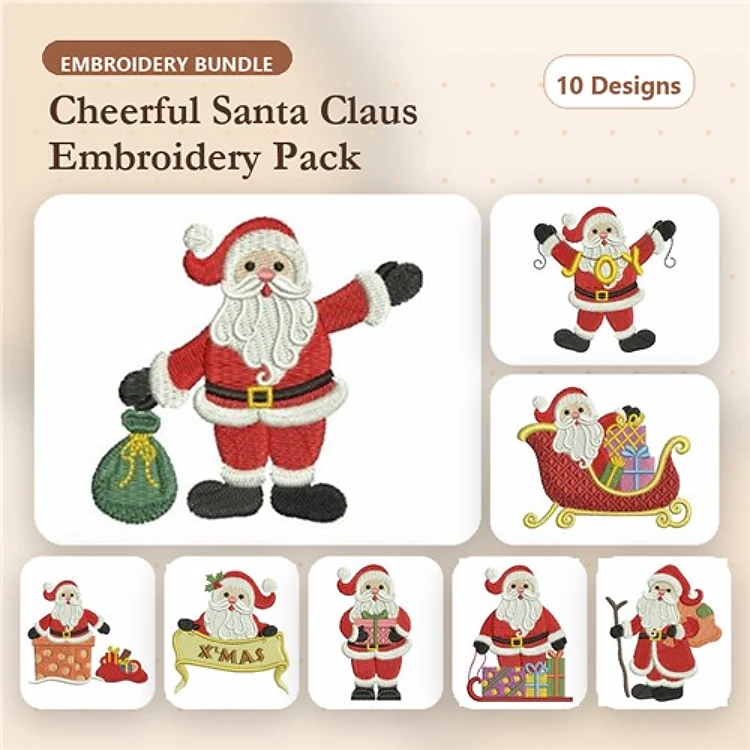 Cheerful Santa Claus Embroidery Designs Bundle – Santa with Bag, Santa in Sleigh, Santa with Gifts & More (10 Designs)
