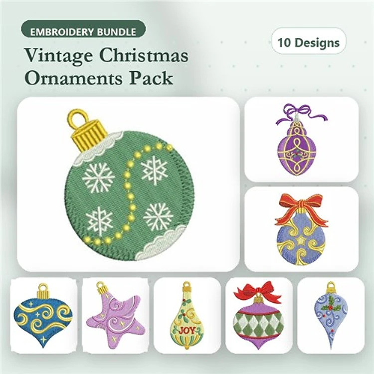 Christmas Ornament Embroidery Bundle – Green Snowflakes, Purple Swirls, Red Bow & More (10 Designs)