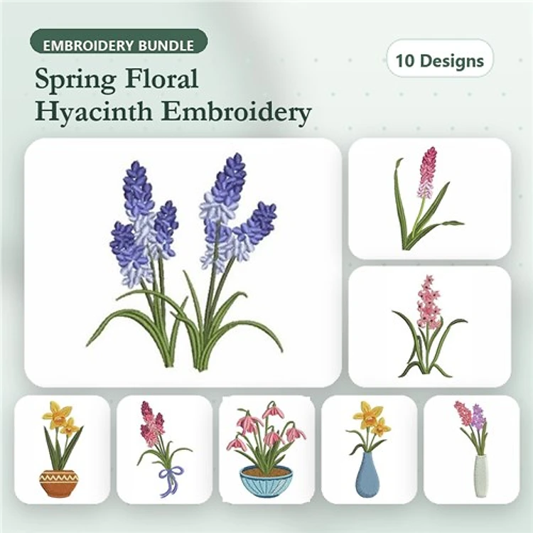 Floral Embroidery Designs Bundle – Purple Hyacinth, Pink Hyacinth, Yellow Daffodil & More (10 Designs)
