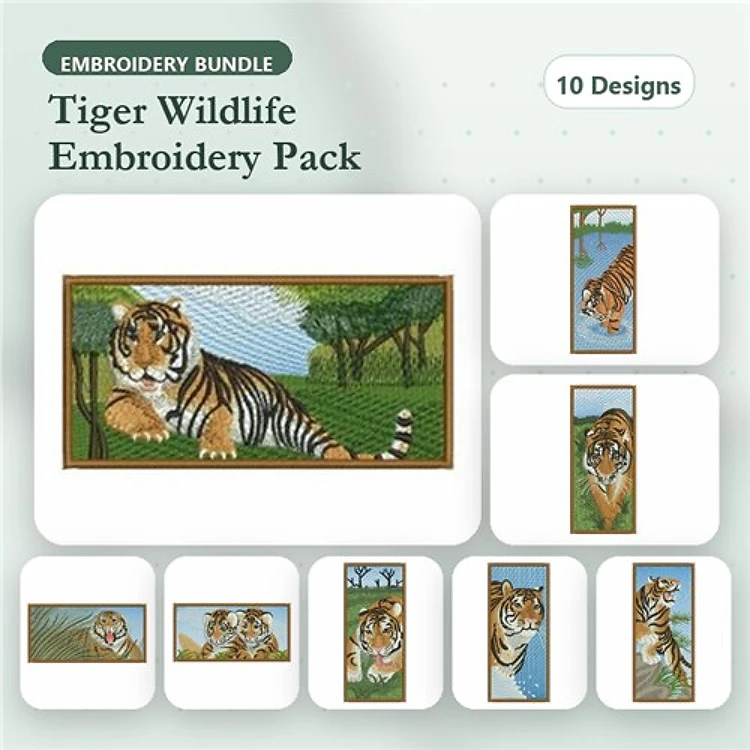 Tiger Wildlife Embroidery Bundle – Lying Tiger, Tiger Cub, Standing Tiger & More (10 Designs)
