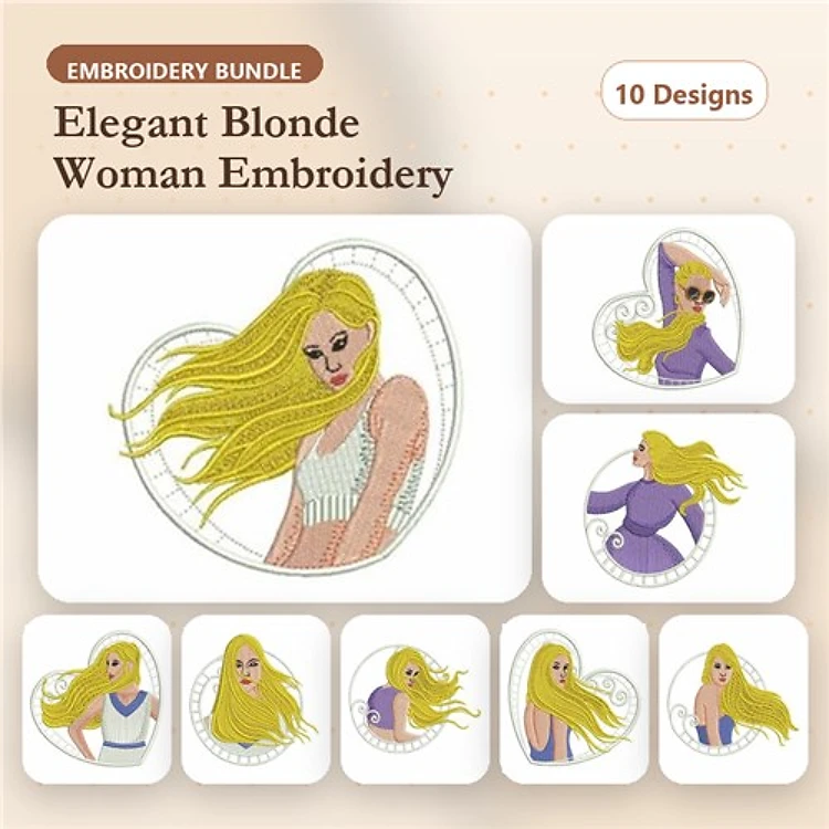 Elegant Blonde Woman Embroidery Bundle – Long Hair, White Top, Purple Top & More (10 Designs)