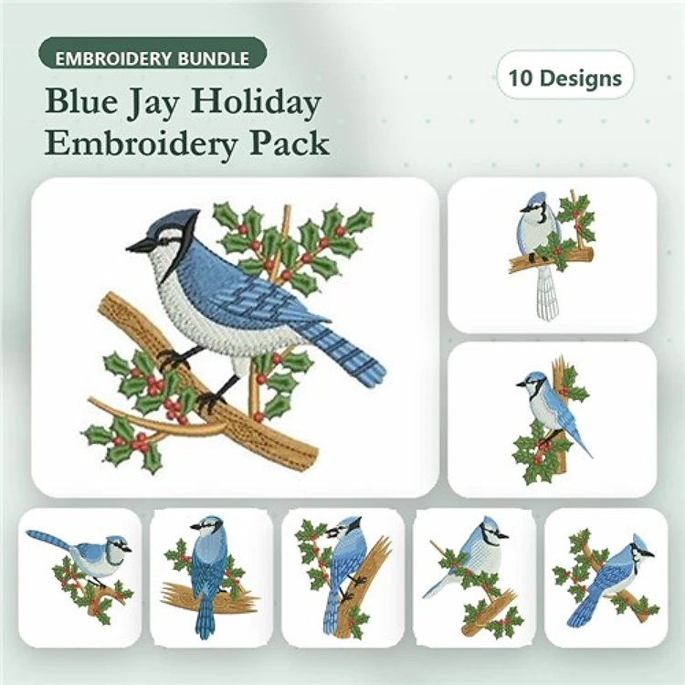 Blue Jay Holiday Embroidery Bundle – Blue Jay on Branch, Blue Jay with Holly, Blue Jay with Berries & More (10 Designs)