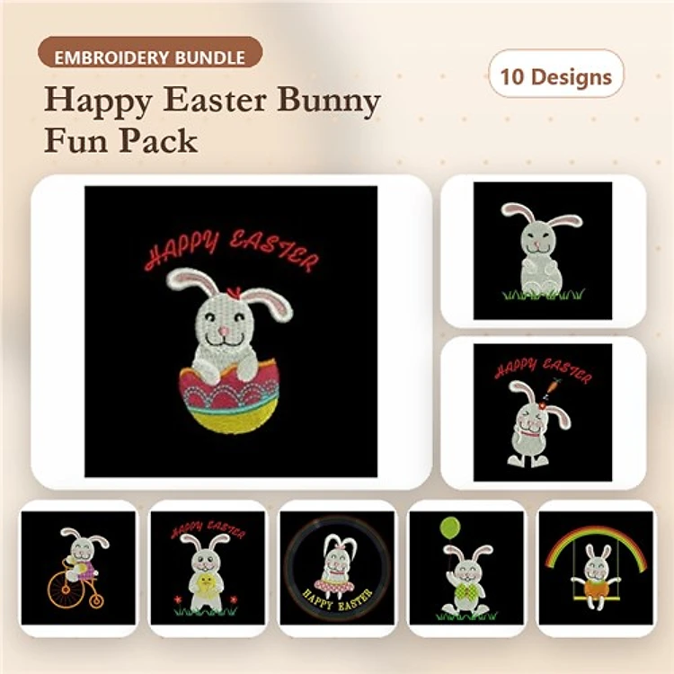 Easter Bunny Embroidery Designs Bundle – Happy Easter Bunny in Egg, Bunny on a Bicycle, Bunny with Flowers & More (10 Designs)