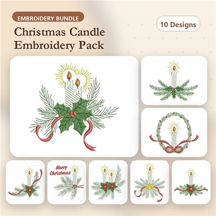 Christmas Candle Embroidery Bundle – Candle with Pine and Ribbon, Pine Wreath with Bows, Candle Arrangement & More (10 Designs)