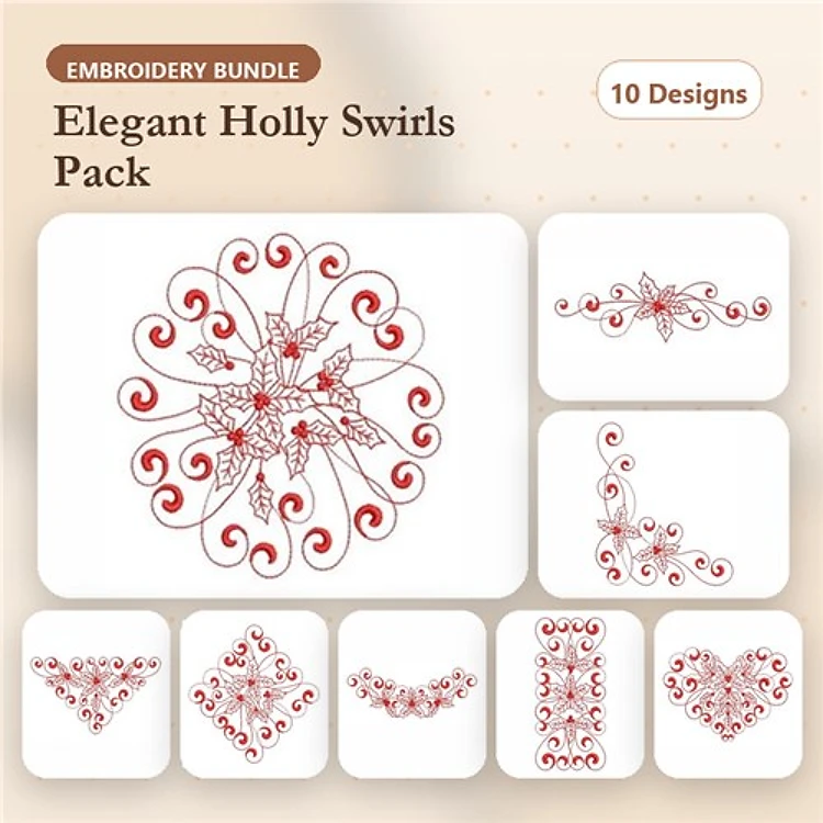 Redwork Holly Swirls Embroidery Designs Bundle – Decoration, Corner, Heart, Border & More (10 Designs)