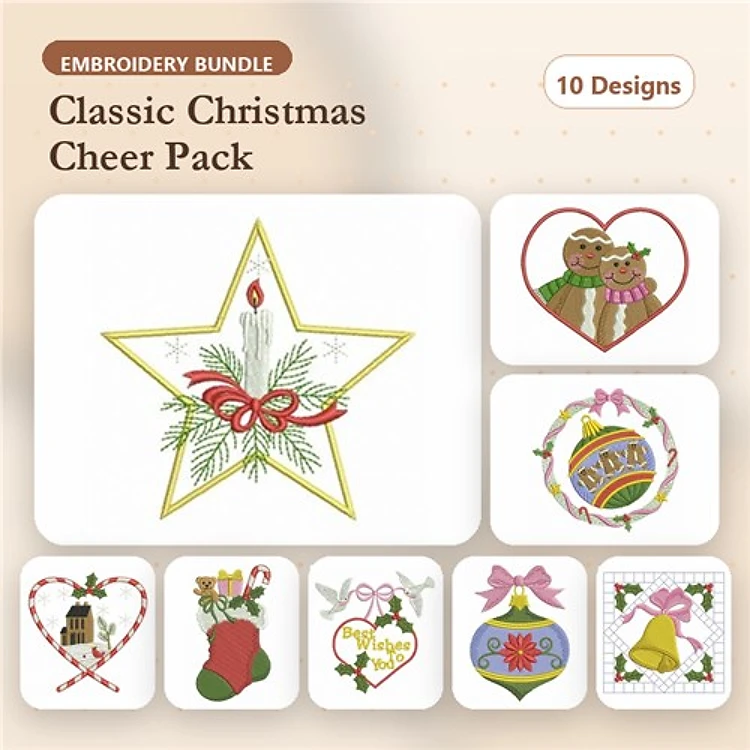 Classic Christmas Embroidery Designs Bundle – Christmas Star, Kittens, Stocking & More (10 Designs)