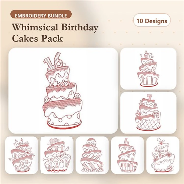 Redwork Birthday Cakes Embroidery Designs Bundle – Three Tier Cake, Cupcake, Layered Cake & More (10 Designs)