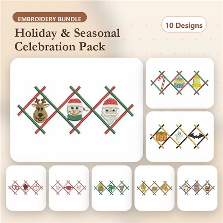 Holiday Celebration Embroidery Bundle – Reindeer with Santa Hat, Snowman with Santa Hat, Gingerbread Man & More (10 Designs)