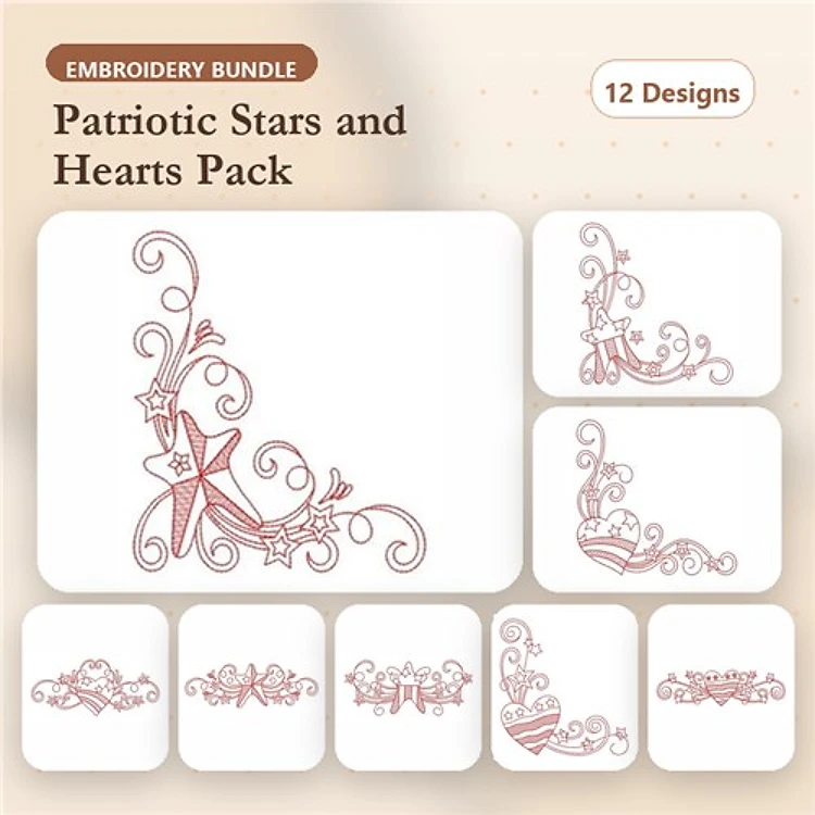 Redwork Patriotic Embroidery Designs Bundle – Star & Heart Arrangement, Swirling Stars & Hearts, Ornamental Heart & More (12 Designs)