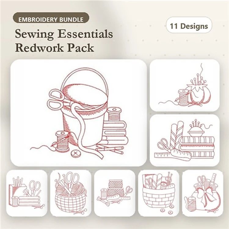 Redwork Sewing Essentials Embroidery Designs Bundle – Scissors and Spools, Bucket with Threads, Basket with Sewing Supplies & More (11 Designs)