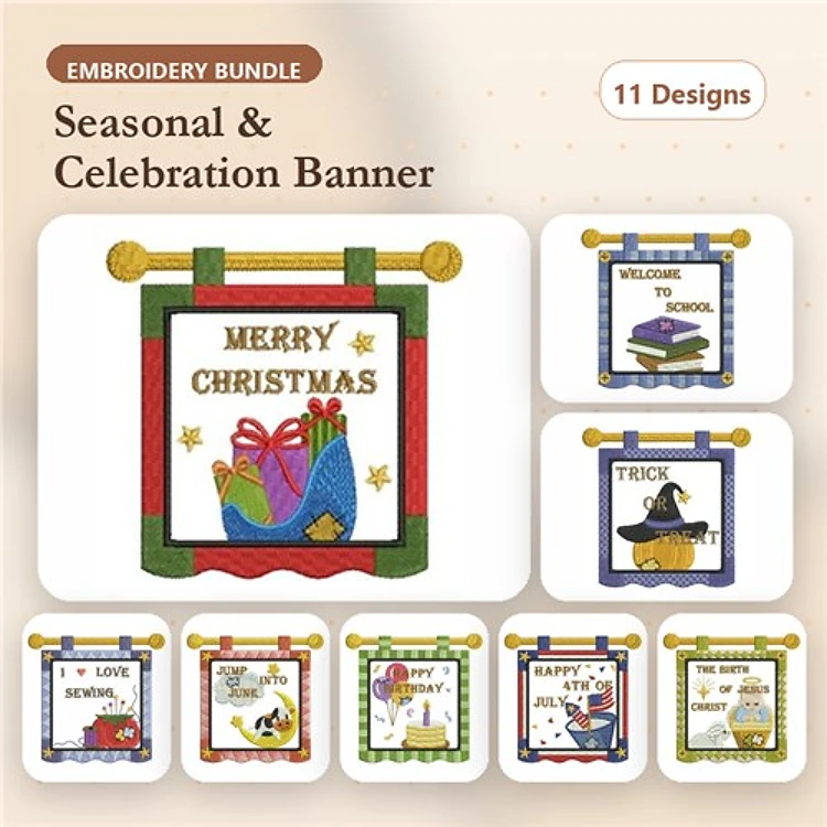Seasonal & Celebration Banners Embroidery Bundle – Merry Christmas, Trick or Treat, Happy Holidays & More (11 Designs)