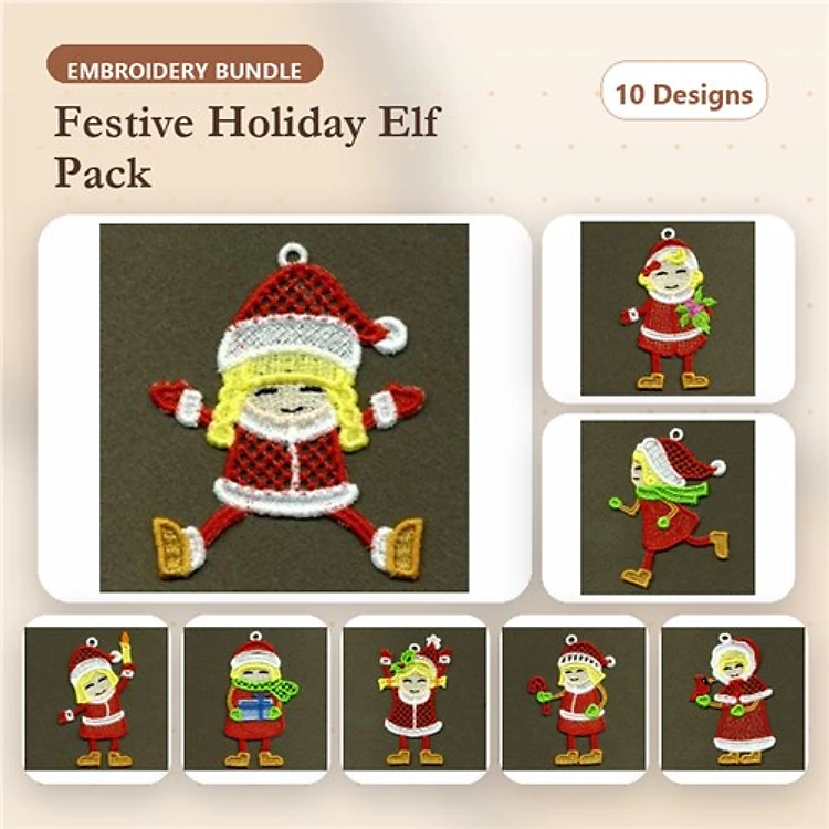 FSL Festive Holiday Elves Embroidery Designs Bundle – Elf with Gift, Elf with Candy Cane, Elf with Wreath & More (10 Designs)