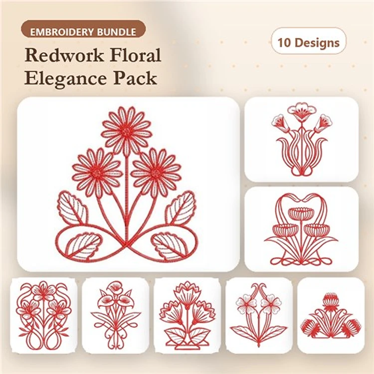 Redwork Floral Elegance Embroidery Designs Bundle – Daisy Bouquet, Floral Vase, Rose Arrangement & More (10 Designs)