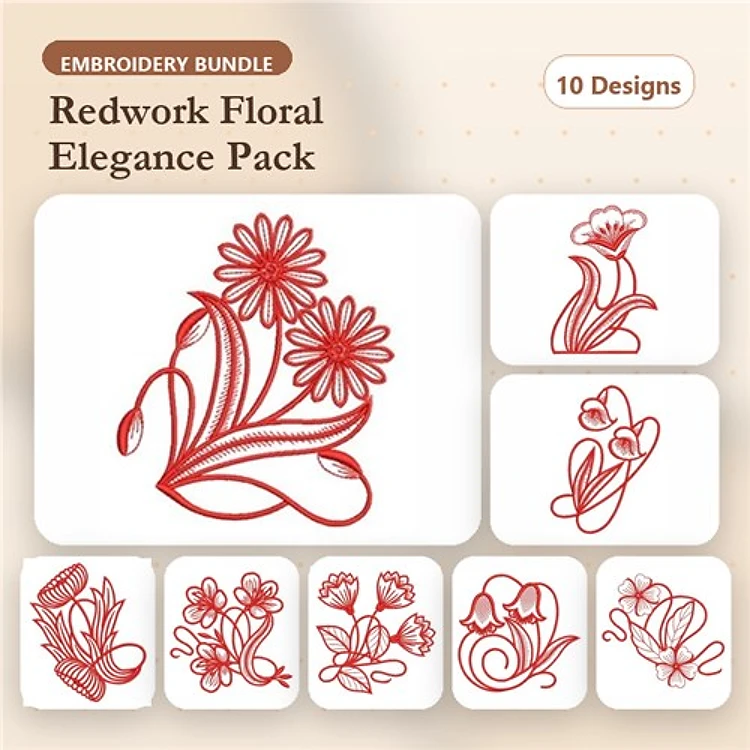 Redwork Floral Embroidery Bundle – Large Flowers, Tulips, Flower Clusters & More (10 Designs)