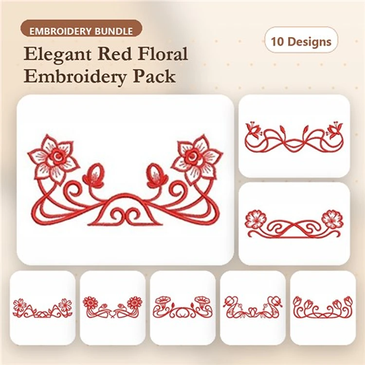 Redwork Floral Embellishments Embroidery Bundle – Floral Border, Ornate Frame, Flower Swag & More (10 Designs)