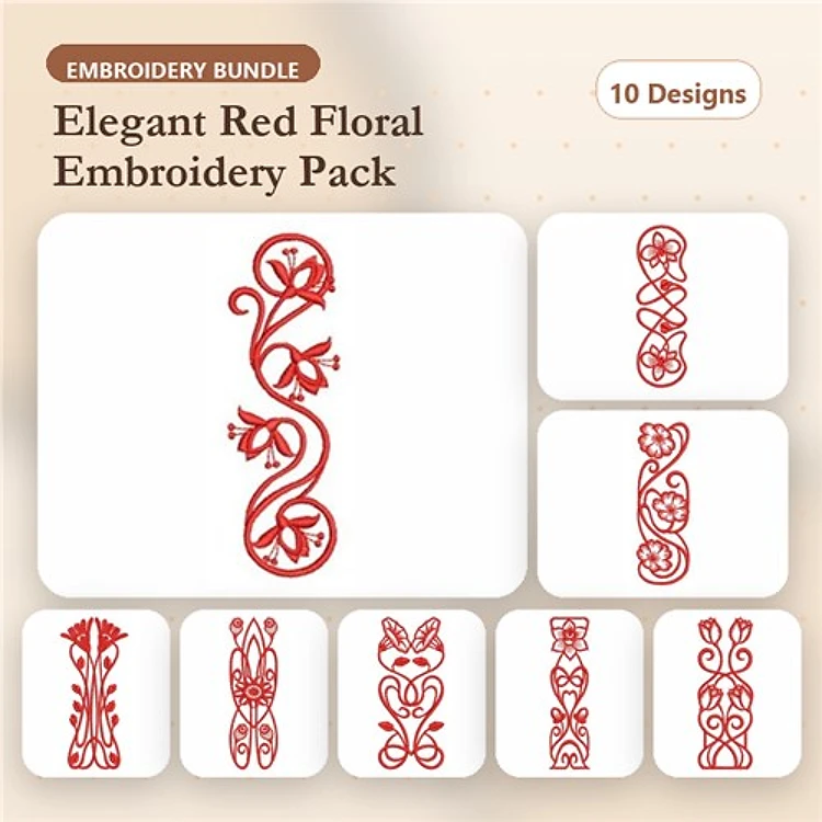 Redwork Floral Embroidery Designs Bundle – Floral Swirl, Twisted Flower, Elegant Floral Motif & More (10 Designs)