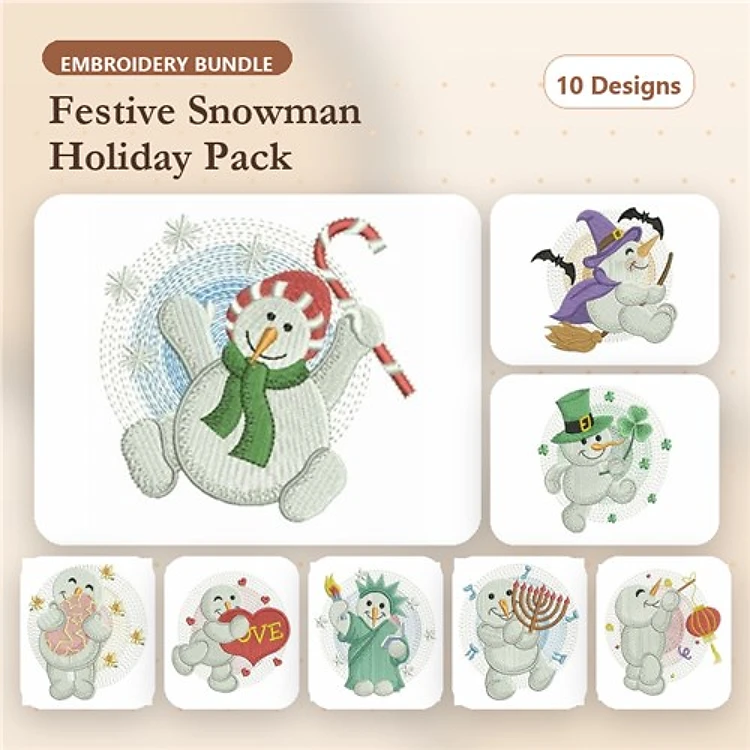 Festive Snowman Embroidery Bundle – Candy Cane, Broomstick, Ice Skates & More (10 Designs)
