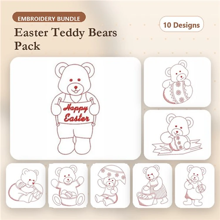 Redwork Easter Teddy Bears Embroidery Designs Bundle – Teddy Bear with Happy Easter Sign, Teddy Bear with Egg, & More (10 Designs)