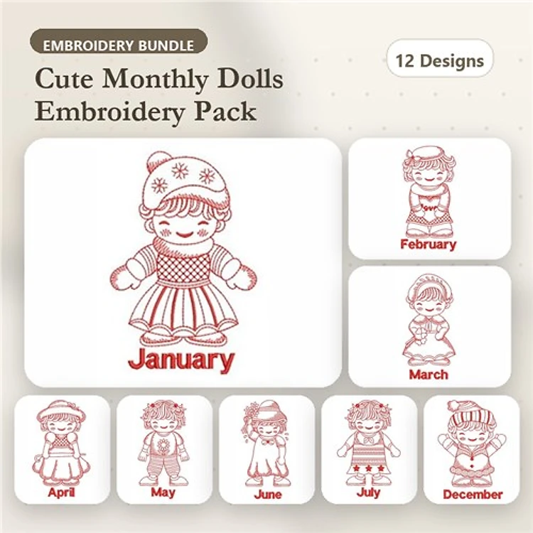 Redwork Monthly Doll Embroidery Designs Bundle – January, February, March & More (12 Designs)
