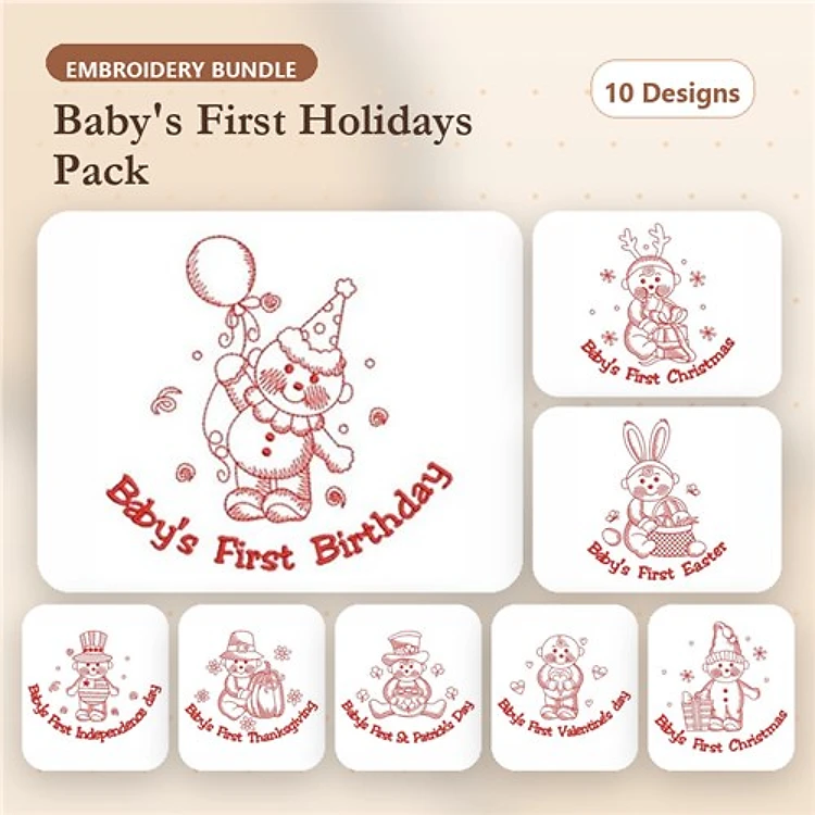 Redwork Baby's First Holidays Embroidery Designs Bundle – Birthday Clown, Christmas Snowman, Easter Rabbit & More (10 Designs)
