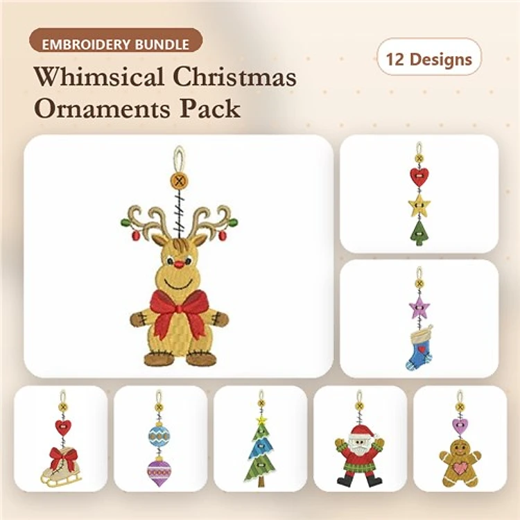 ITH Christmas Ornaments Embroidery Designs Bundle – Reindeer, Santa, Gingerbread Man & More (12 Designs)