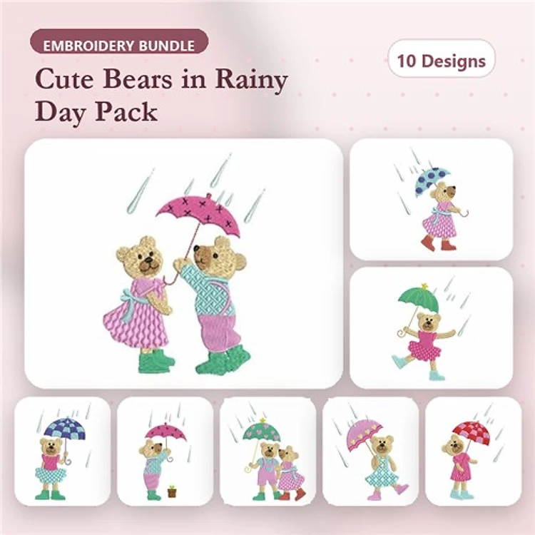 Cute Bears with Umbrellas Embroidery Bundle – Adorable Bears in Rain Gear & More (10 Designs)