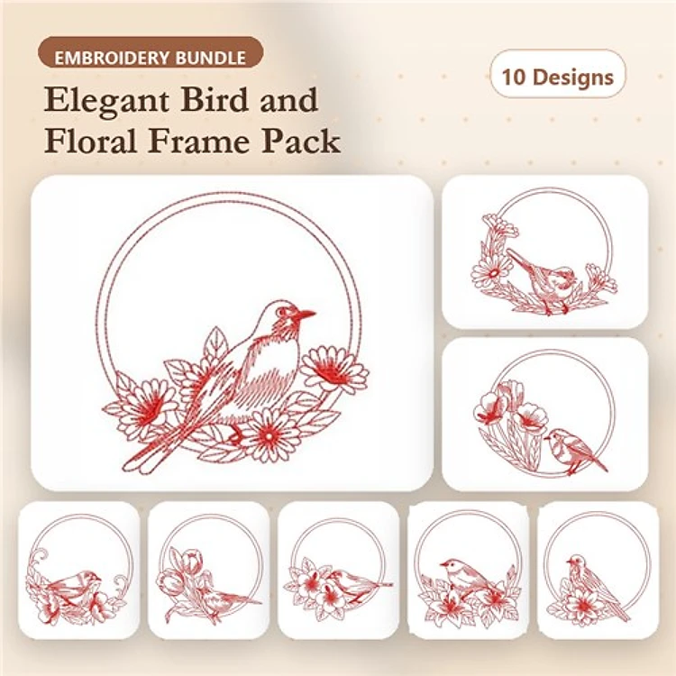 Redwork Birds & Floral Frames Embroidery Designs Bundle – Birds with Flowers, Perched on Flower & More (10 Designs)