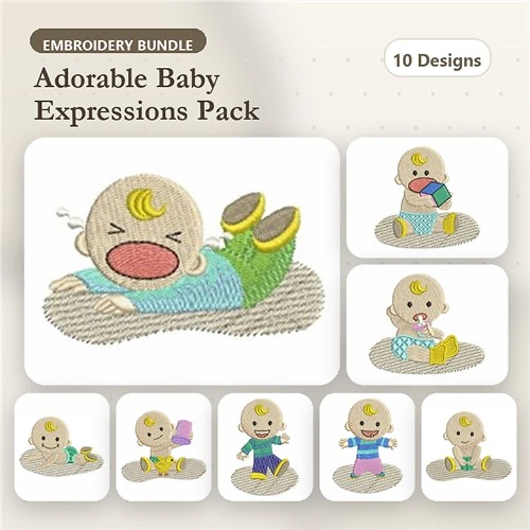 Adorable Baby Expressions Embroidery Designs Bundle – Crying, Laughing, Waving, & More (10 Designs)