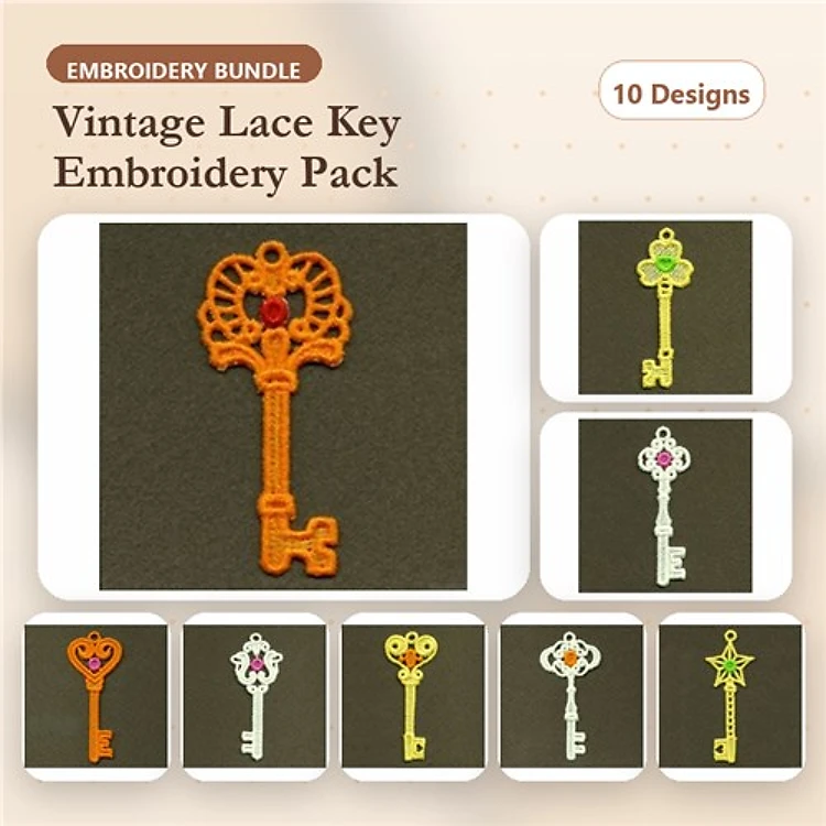 FSL Vintage Lace Key Embroidery Bundle – Keys with Gem Accents, Floral Top & More (10 Designs)