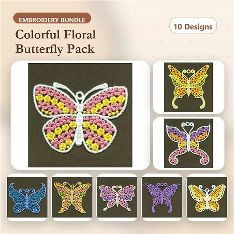 FSL Colorful Floral Butterflies Embroidery Bundle – Floral Butterfly 1, Floral Butterfly 2, & More (10 Designs)