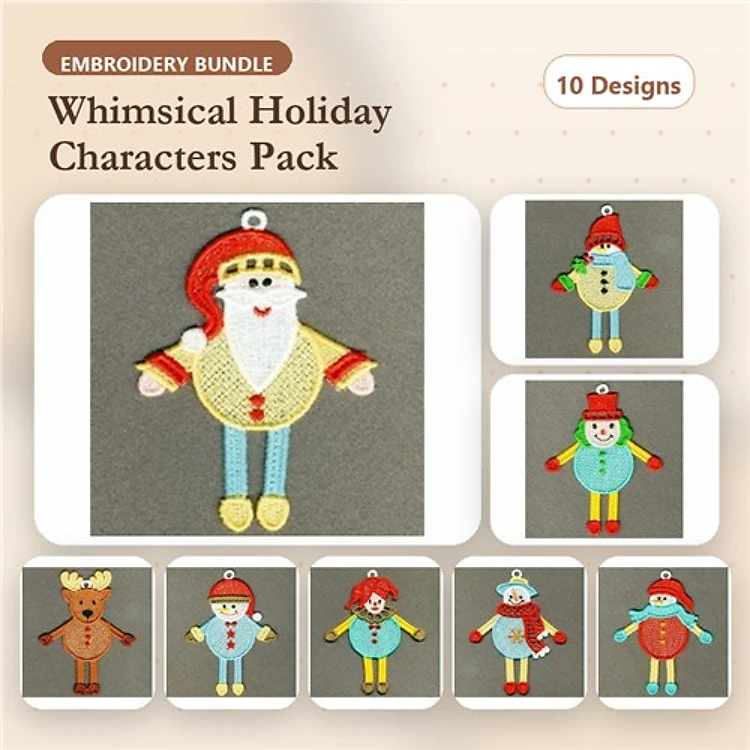 FSL Whimsical Holiday Characters Embroidery Designs Bundle – Santa, Snowman, Reindeer & More (10 Designs)