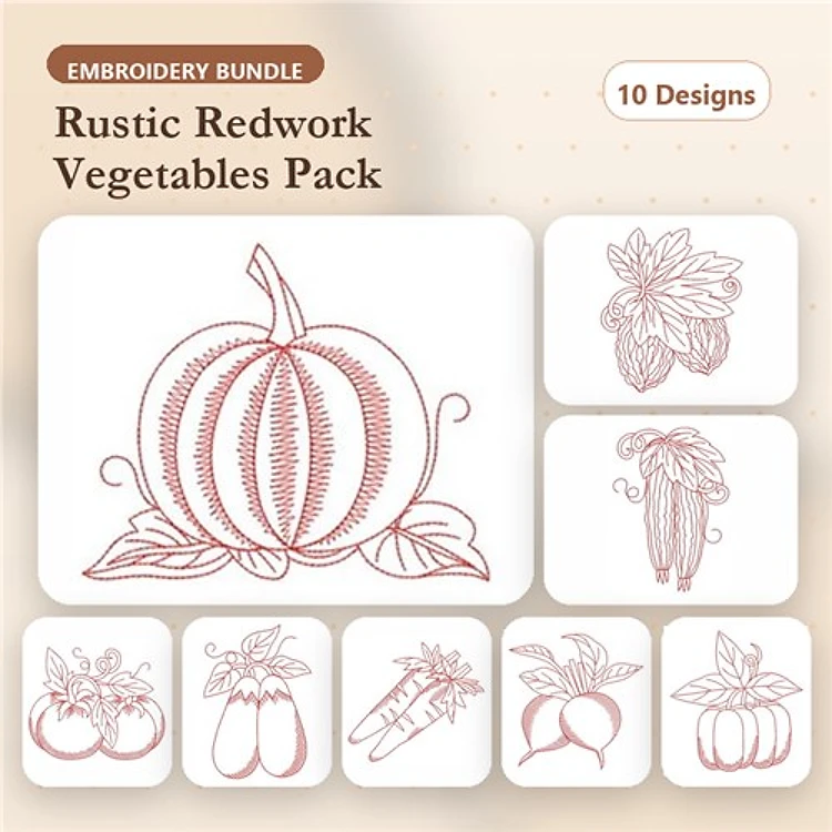 Redwork Rustic Vegetables Embroidery Designs Bundle – Pumpkin, Carrot, Tomato, Corn & More (10 Designs)