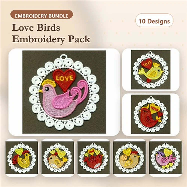 FSL Love Birds Embroidery Bundle – Pink Love Bird, Yellow Love Bird, Heart Ornament & More (10 Designs)