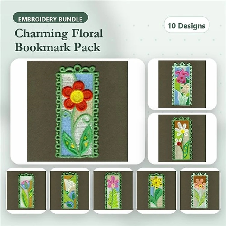 FSL Floral Bookmark Embroidery Designs Bundle – Red Flower, Yellow Flower, Pink Flower & More (10 Designs)