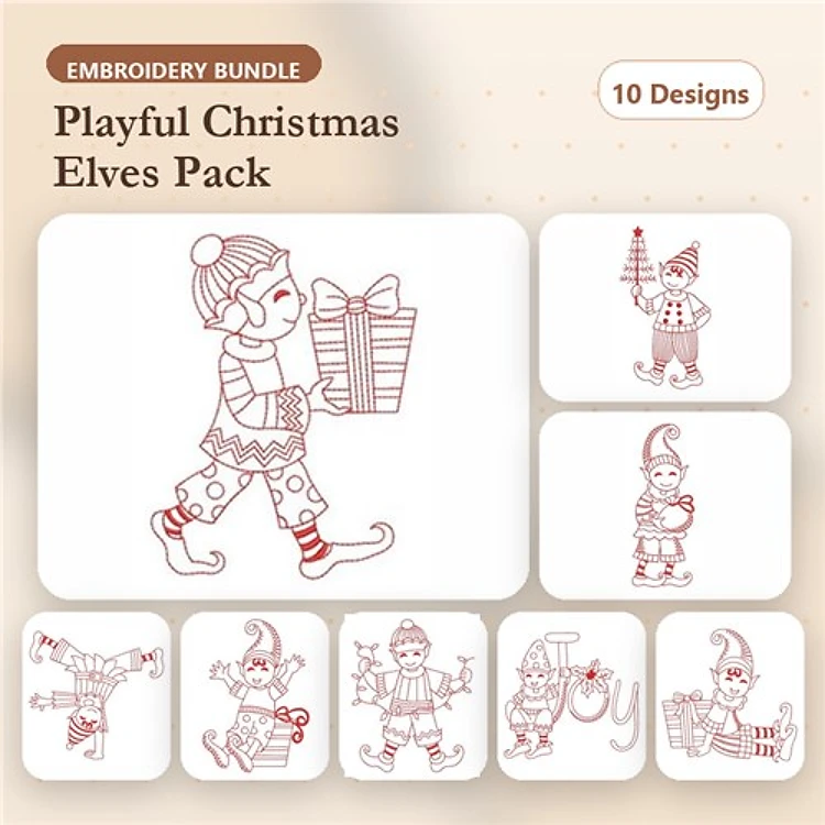 Redwork Playful Christmas Elves Embroidery Designs Bundle – Elf with Gift, Elf with Tree, Sitting Elf with Present & More (10 Designs)