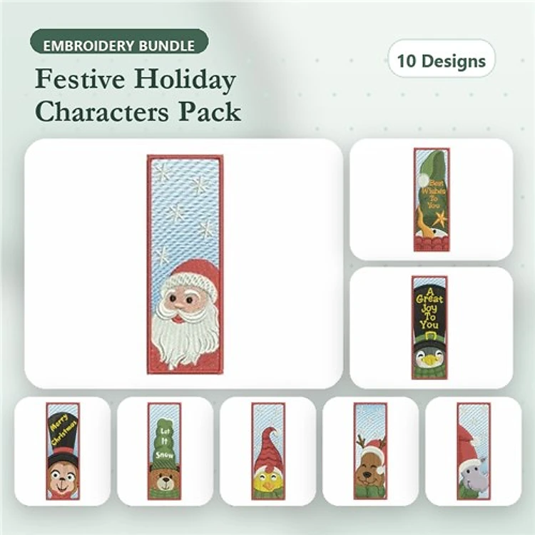 Festive Holiday Characters Embroidery Designs Bundle – Santa Claus, Elf with Gift, Snowman & More (10 Designs)