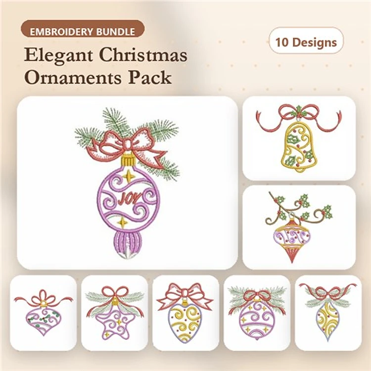 Christmas Ornament Embroidery Bundle – Joy, Bell, Decorated Star & More (10 Designs)