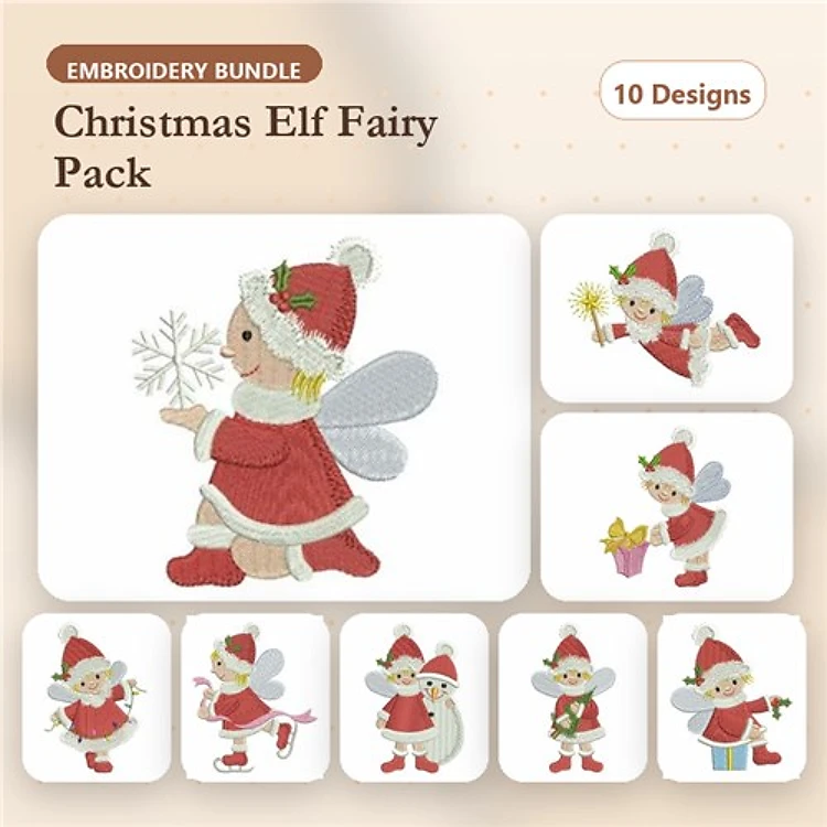 Christmas Elf Fairies Embroidery Bundle – Elf with Snowflake, Elf with Gifts, Elf with Candy Cane & More (10 Designs)