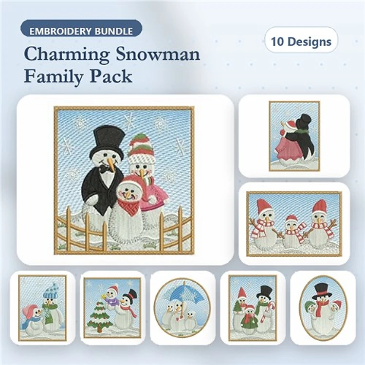 Charming Snowman Family Embroidery Designs Bundle – Snowman Couple, Snowman with Candy Cane, Snowman in Scarf & More (10 Designs)