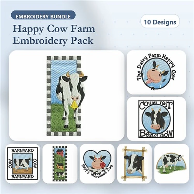 Farm Animal Embroidery Bundle – Happy Cow with Bell, Dairy Farm Happy Cow, Cow with Flowers & More (10 Designs)