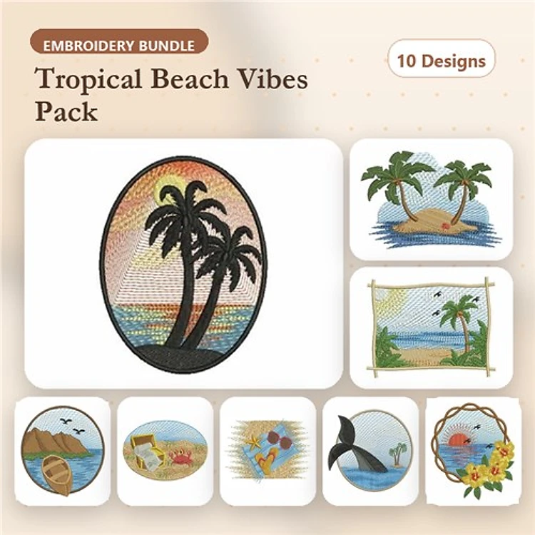 Tropical Beach Scenes Embroidery Designs Bundle – Palm Tree Landscape, Tropical Island, Beach Sunset & More (10 Designs)