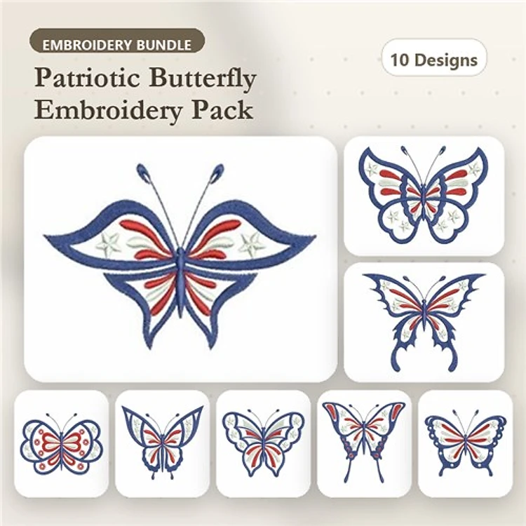 Patriotic Butterflies Embroidery Bundle – Butterfly 1, Butterfly 2, Butterfly 3 & More (10 Designs)