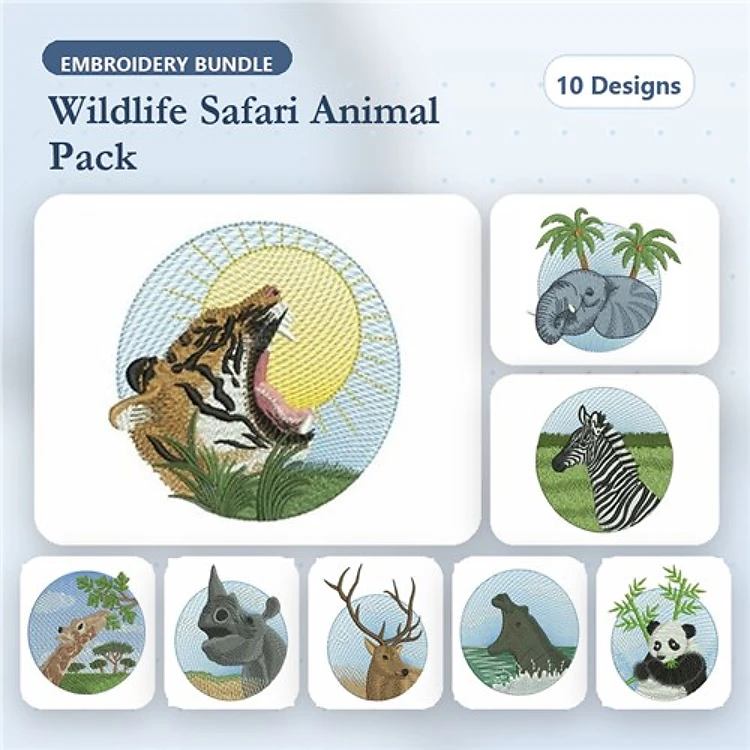 Wildlife Safari Animals Embroidery Bundle – Lion, Elephant, Zebra, Kangaroo & More (10 Designs)
